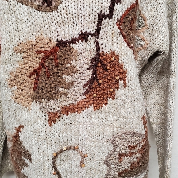 VINTAGE 90s Cabin Creek Beaded Autumn Leaf Loose Knit Textured Pull-over Sweater - Picture 7 of 14
